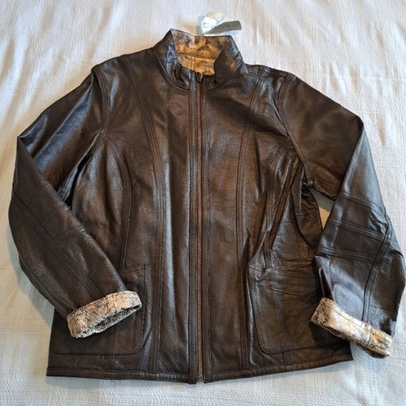 Chico's womens size 2 or Large reversible leather jacket, brown & animal print - Picture 4 of 15